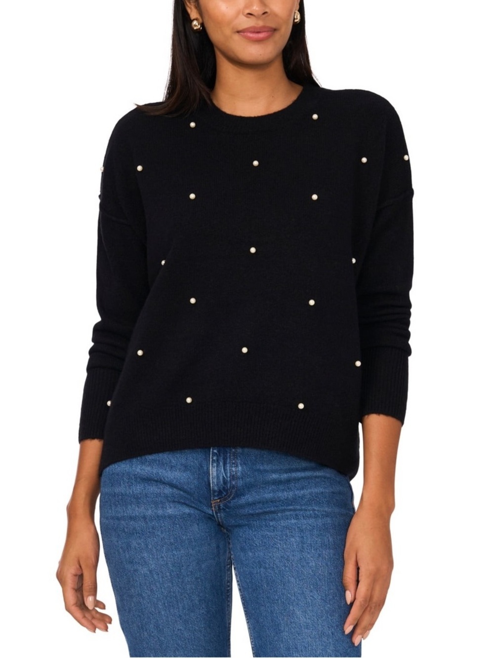 Sam & Jess Pearl Embellished Crewneck Sweater Size Large Black Preppy Coquette